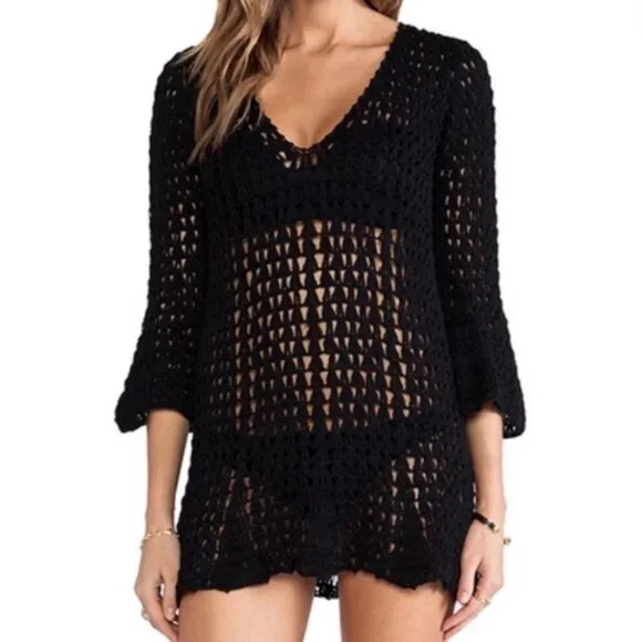 Cleobella Daphne Crochet Swim Coverup Mini Dress Size Small Black Handmade Coverups